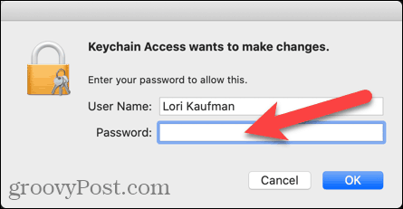 Entrez le nom d'utilisateur et le mot de passe pour l'accès au trousseau