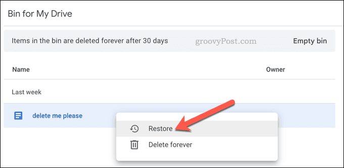 Restauration de fichiers supprimés dans Google Drive