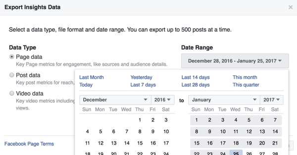Vous pouvez modifier la plage de dates des données Facebook Insights que vous téléchargez.