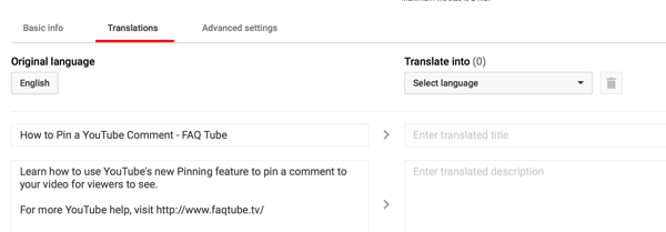 Dans l'onglet Traductions de votre vidéo YouTube, entrez un titre et une description traduits.