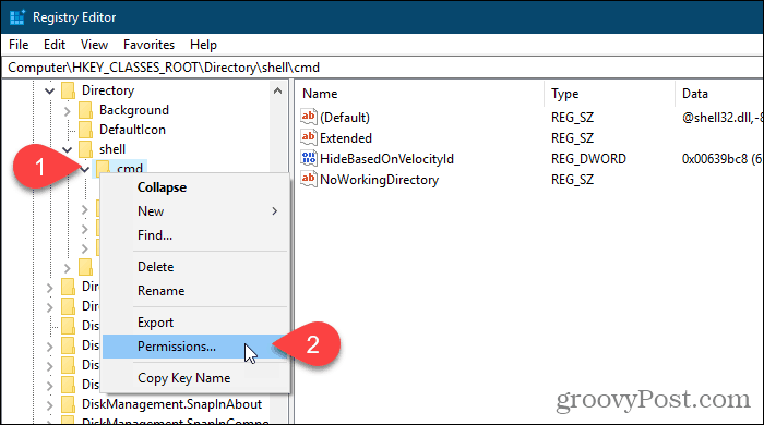 Cliquez avec le bouton droit sur une clé de registre et sélectionnez Autorisations dans l'éditeur de registre Windows