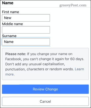 Modifier un nom dans l'application mobile Facebook