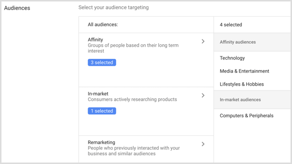 Paramètres d'audience pour la campagne Google AdWords.