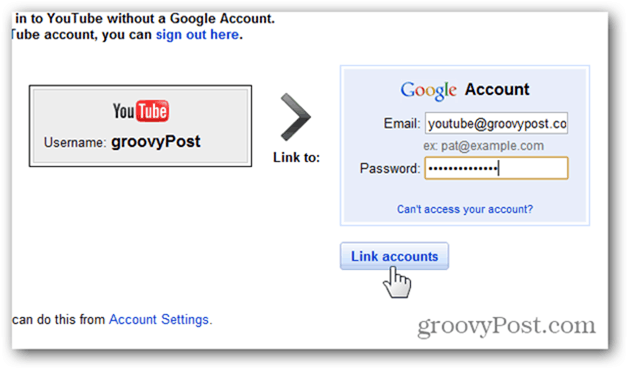 Associer un compte YouTube à un nouveau compte Google - entrez un compte et un mot de passe