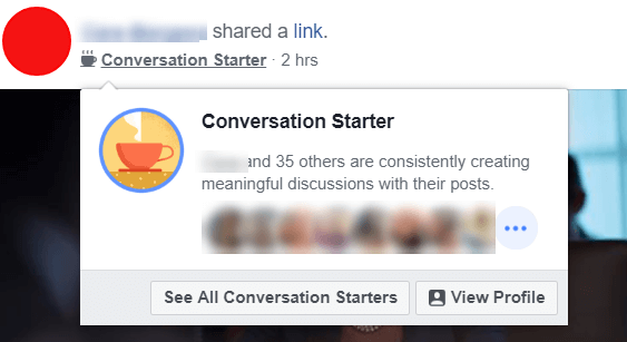Facebook semble expérimenter de nouveaux badges Conversation Starter qui mettent en évidence les utilisateurs et les administrateurs qui créent constamment des discussions significatives avec leurs publications.
