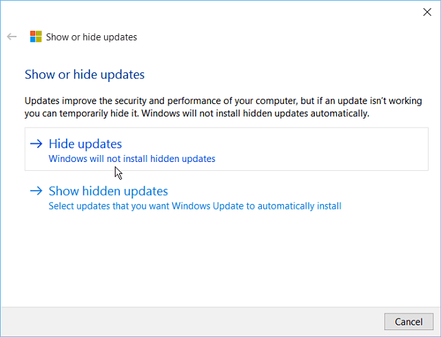 Masquer l'outil de mise à jour de Windows 10