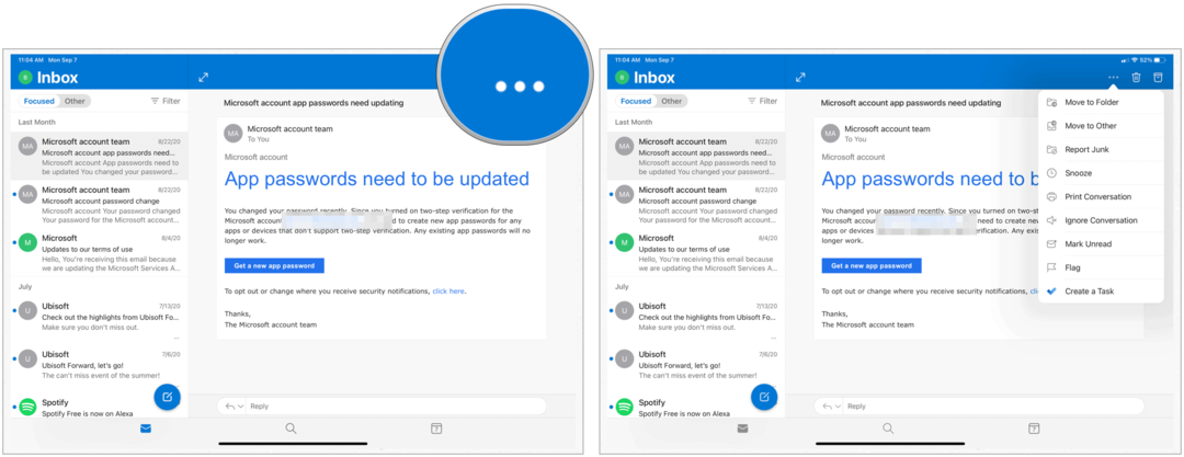 Actions rapides de Microsoft Outlook pour iPad