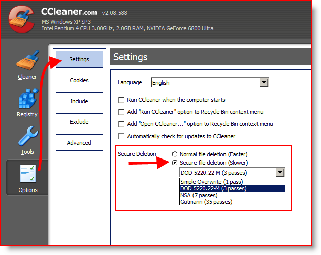 Configurer CCleaner pour effacer et supprimer en toute sécurité les fichiers 3 fois ou DOD 5220.22-M