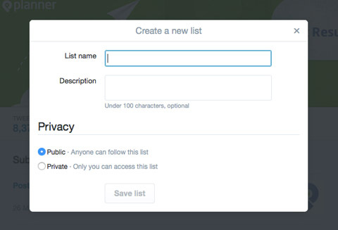 nommer une nouvelle liste dans le menu Twitter