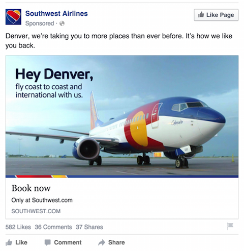 publicité facebook des compagnies aériennes sud-ouest