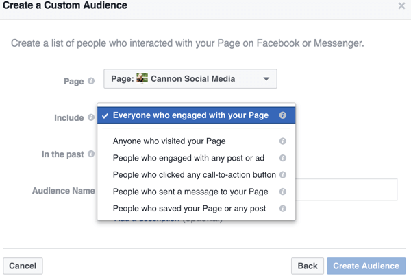 Au fur et à mesure que vous affinez les options de votre audience personnalisée Facebook, vous trouvez des moyens spécifiques pour définir l'audience que vous souhaitez cibler, telles que ces interactions spécifiques à la page.
