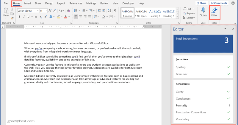 Bouton Microsoft Editor et barre latérale dans le bureau Word
