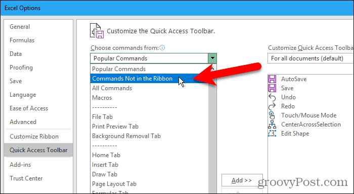 Sélectionnez les commandes absentes du ruban dans la boîte de dialogue Options Excel