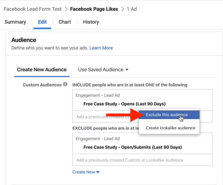Exclure cette option d'audience dans la section Audience de la configuration de la campagne Facebook