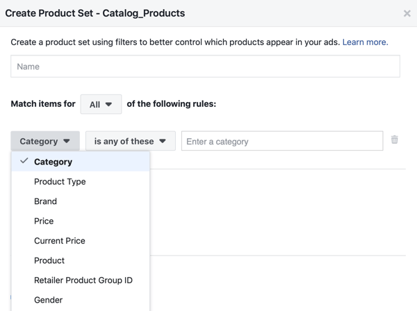 Utilisez l'outil de configuration d'événements Facebook, étape 28, option de menu Facebook pour appliquer des filtres auxquels les produits sont présentés aux clients