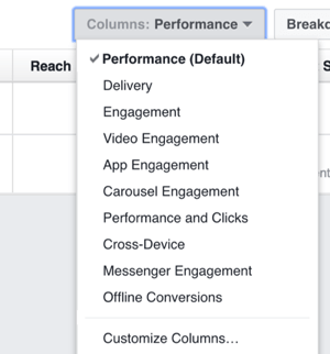 Cliquez sur la liste déroulante Colonnes pour afficher les options permettant de modifier les colonnes que vous voyez dans Facebook Ads Manager.