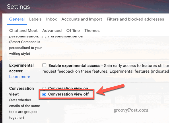 Désactiver l'affichage des conversations dans les paramètres de Gmail