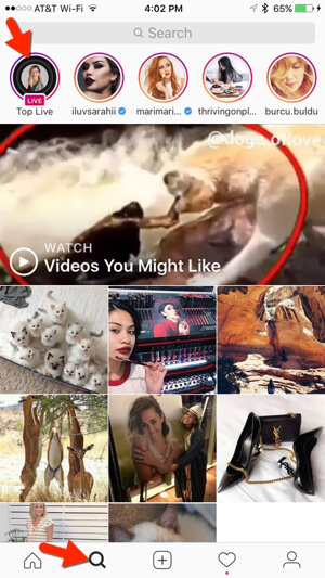 Instagram propose également des vidéos en direct actuelles sur l'onglet Explorer.