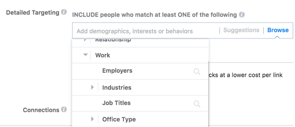 Facebook propose des options de ciblage détaillées basées sur le travail de votre public.
