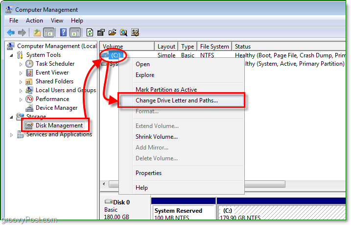 utiliser la fonction de gestion de disque pour ouvrir la boîte de dialogue de modification de la lettre de lecteur dans Windows 7
