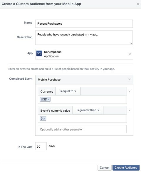 application mobile d'audience personnalisée facebook
