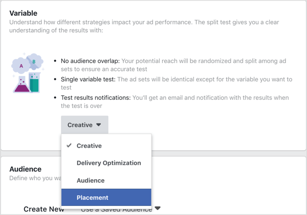Sélectionnez Placement comme variable à tester avec le test fractionné Facebook