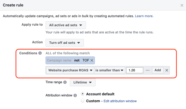 Utilisez les règles automatisées de Facebook, arrêtez le jeu de publicités lorsque le ROAS tombe en dessous du minimum, étape 3, paramètres de condition