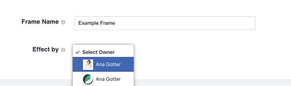Choisissez votre page d'entreprise Facebook en tant que propriétaire du cadre s'il fait la promotion de votre marque.