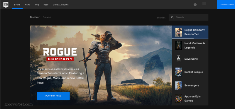 Une capture d'écran montrant le site Web d'Epic Games Store