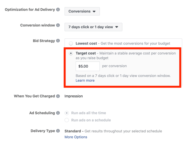Conseils pour réduire vos coûts publicitaires Facebook, option pour définir la stratégie d'enchères sur le coût cible