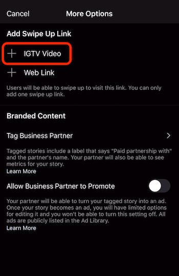 option pour ajouter un lien vers le haut à la vidéo IGTV