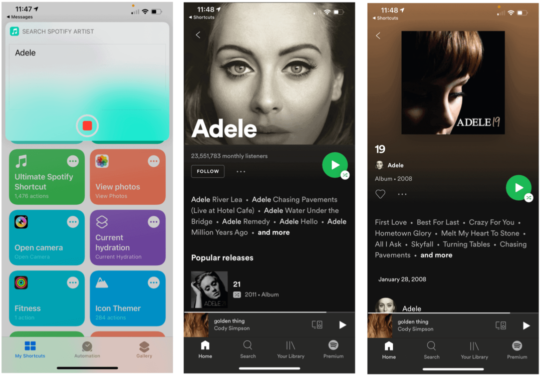 Raccourcis Siri pour l'artiste de recherche Spotify Siri