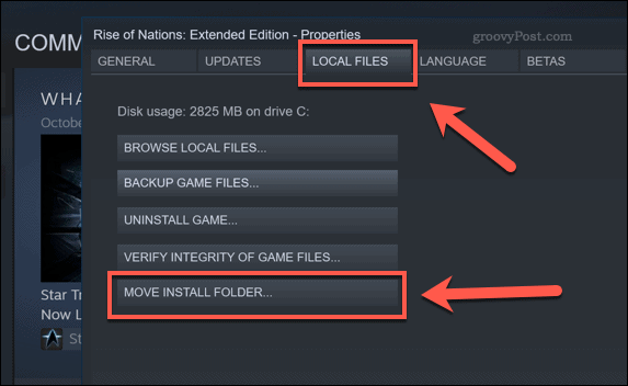 Bouton d'option Steam Move Install Folder