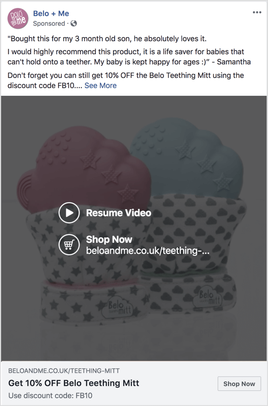 Cette publicité Facebook utilise une vidéo de diaporama pour promouvoir une réduction sur un produit spécifique.