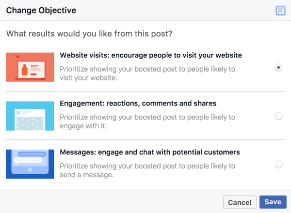 Les options objectives pour les publications boostées sont basées sur les médias utilisés dans votre publication Facebook.