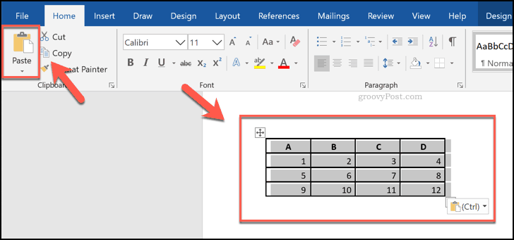 Cellules collées d'une feuille de calcul Excel, affichées sous forme de tableau dans Word