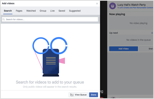 Choisissez une source pour ajouter des vidéos à votre file d'attente Facebook.