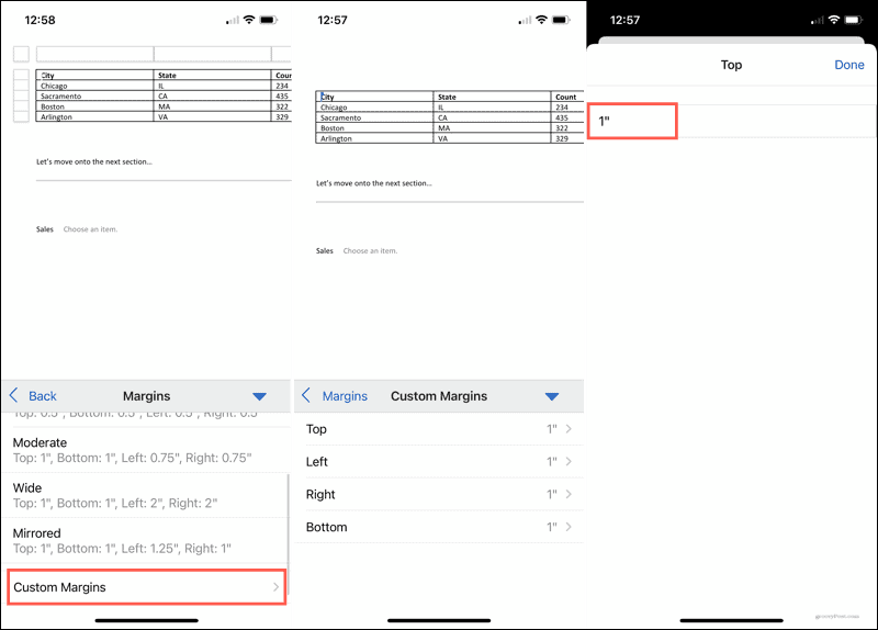 Marges personnalisées dans Word sur mobile