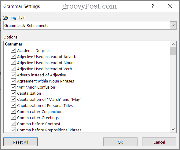 Paramètres de grammaire dans Word sous Windows