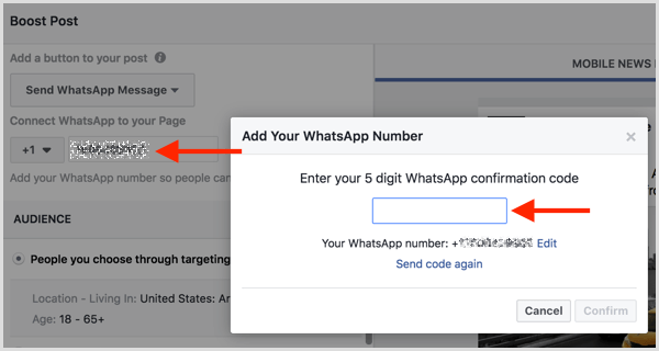 Entrez le code de confirmation que vous avez reçu par SMS pour connecter votre compte WhatsApp Business à Facebook.