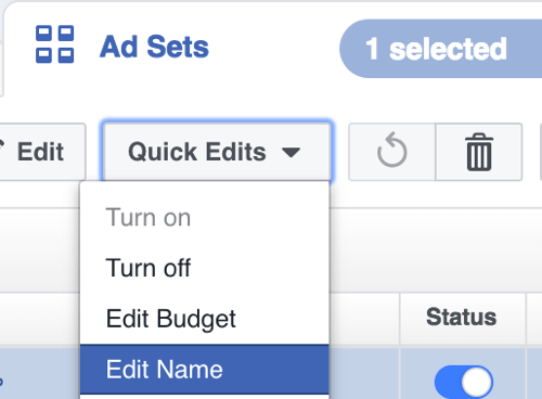 Dans Facebook Power Editor, sélectionnez Modifier le nom dans le menu déroulant Modifications rapides.