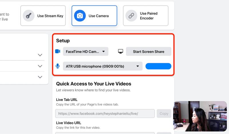 Option de configuration du flux en direct facebook pour sélectionner votre caméra et microphone et / ou partage d'écran