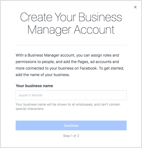 Saisissez le nom de votre entreprise pour créer votre compte Business Manager.