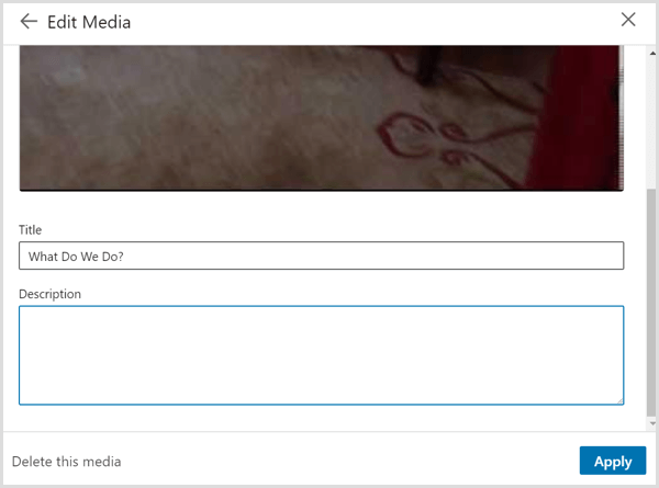 La boîte de dialogue Modifier le média que vous voyez lorsque vous créez un lien vers une vidéo sur votre profil LinkedIn
