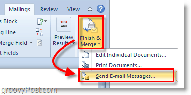 Capture d'écran d'Outlook 2010 - terminer, fusionner et envoyer des e-mails