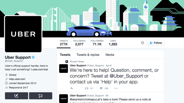 Uber dispose d'un identifiant Twitter distinct pour le support Uber.