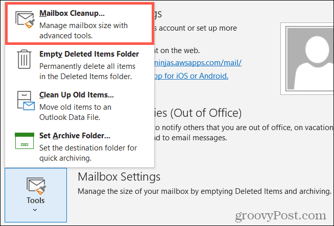 Outils, nettoyage de la boîte aux lettres dans Outlook