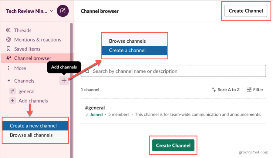 Créer une chaîne dans le navigateur de chaînes Slack