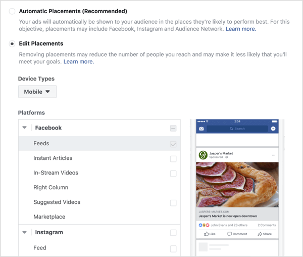 Sélectionnez des emplacements pour une annonce d'engagement Facebook.