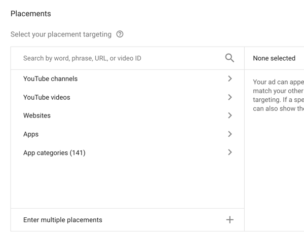 Comment configurer une campagne publicitaire YouTube, étape 33, options de ciblage par emplacements